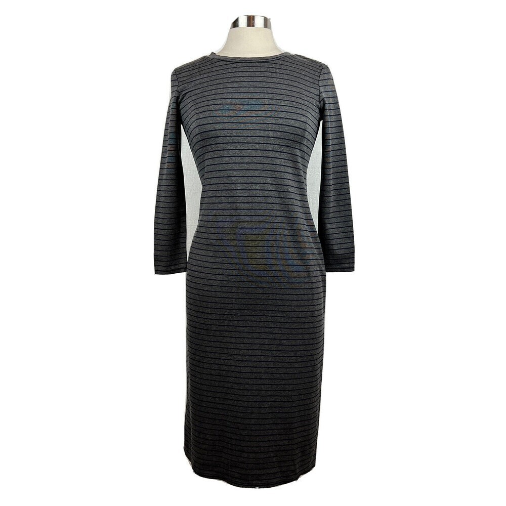Sonnet James Play Dress XS Womens Black Gray Striped Midi 3/4 Sleeves Stretch